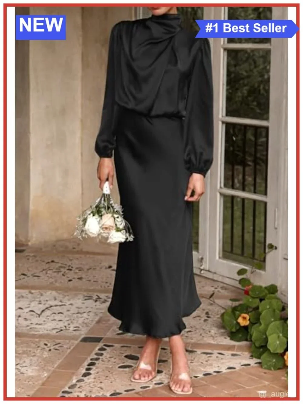 Satin Mock Neck Maxi Dress Long Sleeve Elegant Formal Bridesmaid A-line